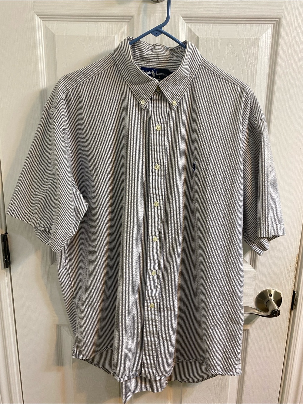 Ralph Lauren Blake Seersucker Grey White Striped Short Sleeve Shirt Mens XL